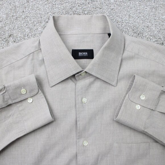 BOSS Hugo Boss Shirt Mens 16, 32/33 Beige 100% Cotton Long Sleeve Button Up - Picture 1 of 14